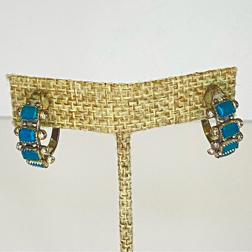Vintage Sterling Silver Turquoise Screw Back Earrings Hoop Southwestern Native - Picture 10 of 13